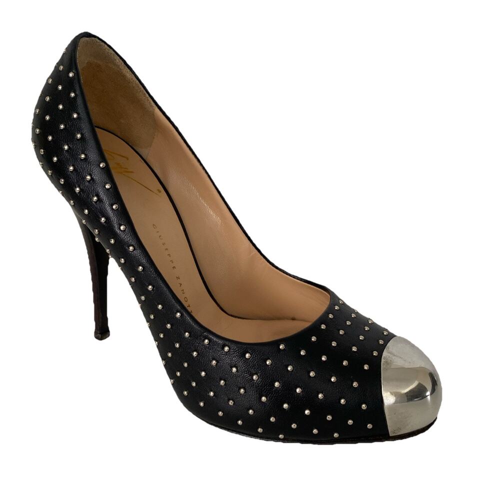 Giuseppe Zanotti Studded Pump Black Silver Metal Leather Slim Heel Almon…